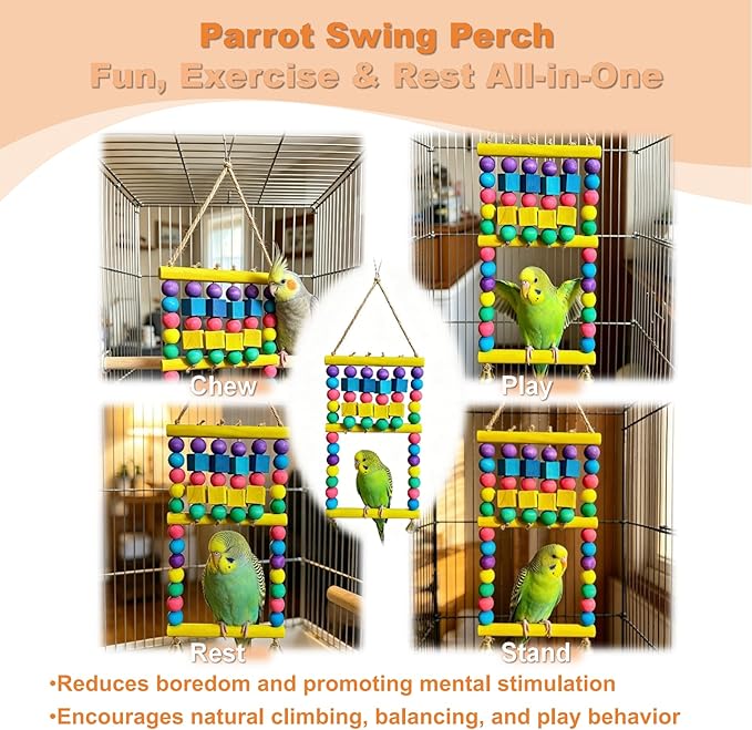 Bird Swing Toys - Dual-Layer Parrot Swing with Perch, Colorful Design with Colorful Wood Blocks, Natural Bird Toys, Bird Cage Accessories for Small & Medium Birds