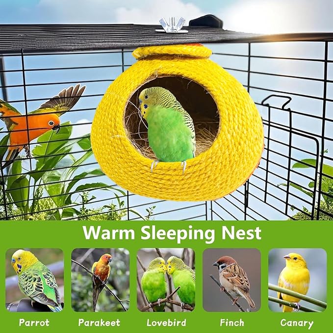 Bird Nest,Parrot Breeding House,Parakeet Natural Coconut Shell Hut,Hanging Budgie Nesting House with Coconut Fiber,Cockatiel Bed for Conure Lovebird Finch Birds,Orange&Yellow