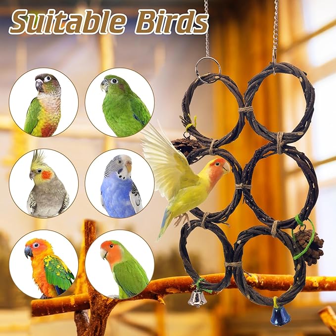 BNOSDM Bird Swing Rings Toy Natural Wood Parrot Climbing Ladder Parakeet Chewing Toys Hanging Budgie Cage Accessories for Green Cheek Conure Cockatiel Lovebird (6 Rings)