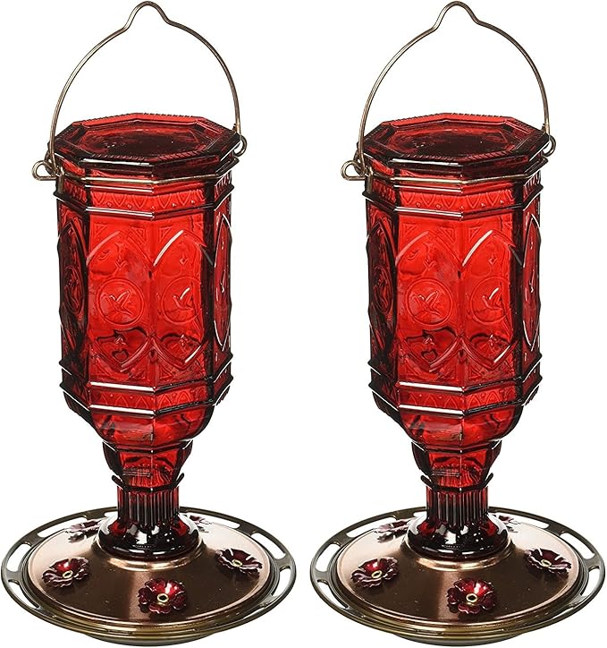 More Birds (2 Pack) Hummingbird Feeder Vintage Red Antique Glass Bottle, 20-Ounce Nectar Capacity Per Feeder