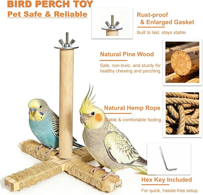 360° Rotating Bird Perch Stand - 4 Perches + 5 Natural Chew Strand, Natural Bird Cage Accessories, for Small & Medium Birds Parakeets Cockatiels Lovebirds Budgies