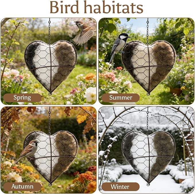 Heart Shaped Bird Nesting Material Holder - Refillable Wild Bird Nesting Supply Station with Natural Fibers, Outdoor Garden Hanging Bird House Accessory for Hummingbirds & Wild Birds