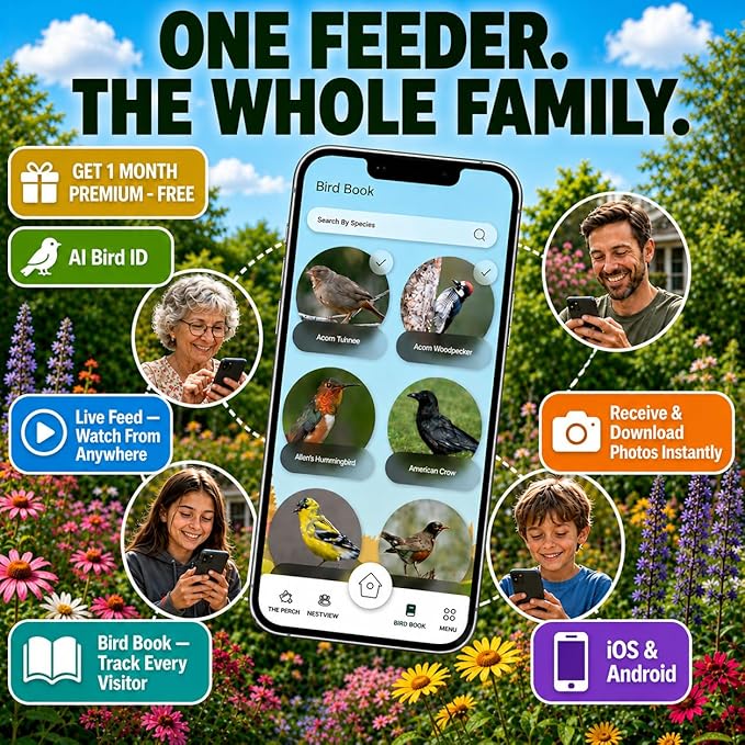 FeatherSnap Smart Bird Feeder with Camera – Solar Powered, AI Bird ID, 1080p HD Night Vision – Pole, 2 Seed Bags, 32GB SD Card & Cleaning Cloth