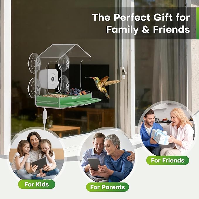 Smart Bird Feeder with Window Camera, 2K HD Camera for Window Viewing, AI BirdSpecies Recognition & Instant Alerts, Sturdy Acrylic Outdoor, Alexa Compatible, Gift for Bird Lovers