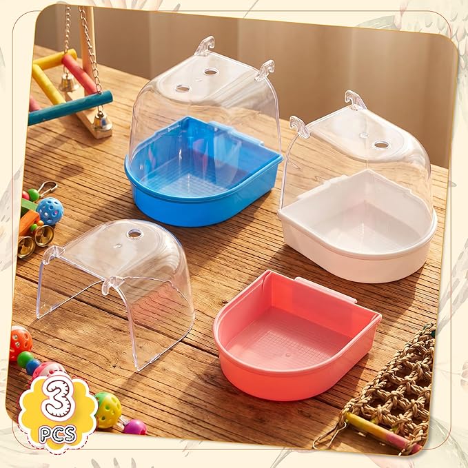 Honeydak 3 Pieces Clear Bird Bath for Cage Parakeet Bird Cage Accessories Hanging Bath Box Parrot Bathing Tub with View for Cockatiel Conure Canary Budgies Parrots (Cute Color)