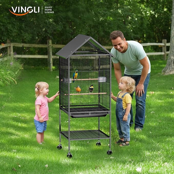 VINGLI Bird Cage, 50 inch Wrought Iron Bird Cage with Handle for Parakeets, Parrot, Lovebirds, Finches, Small/Medium Birds (50" with Wheels)