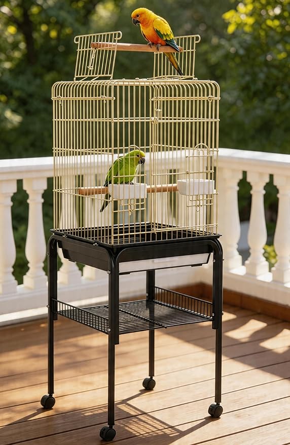 Garvee Bird Cage, 57‘’H Open-Top Durable Bird Cage w/Rolling Stand, Removable Tray, Extra Storage Stand, Brakable Casters,Large Dorr for Access, Indoor& Outdoor Use for Birds