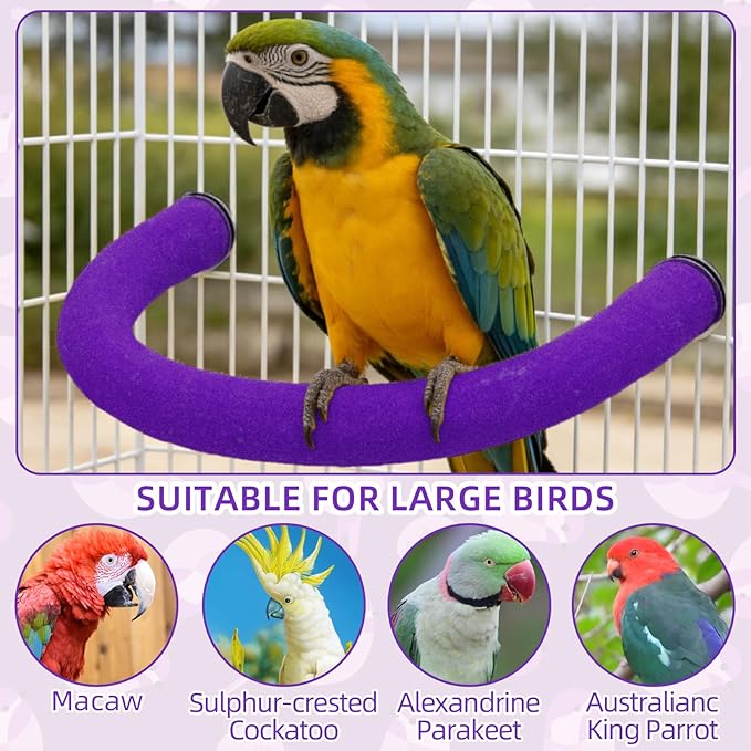Rypet U Shape Parrot Perch Stand Toy for Paw Grinding Clean Stick Exercise, Rough-Surfaced Quartz Bird Perch Standing Cage Accessories for for Small Parakeets Cockatiels Conures Macaws (Purple XL)