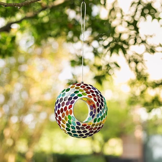 Glitzhome Hanging Bird Feeder for Outdoor 8''D Glass Round Multi-Color Mosaic Decorative Garden Birdfeeder