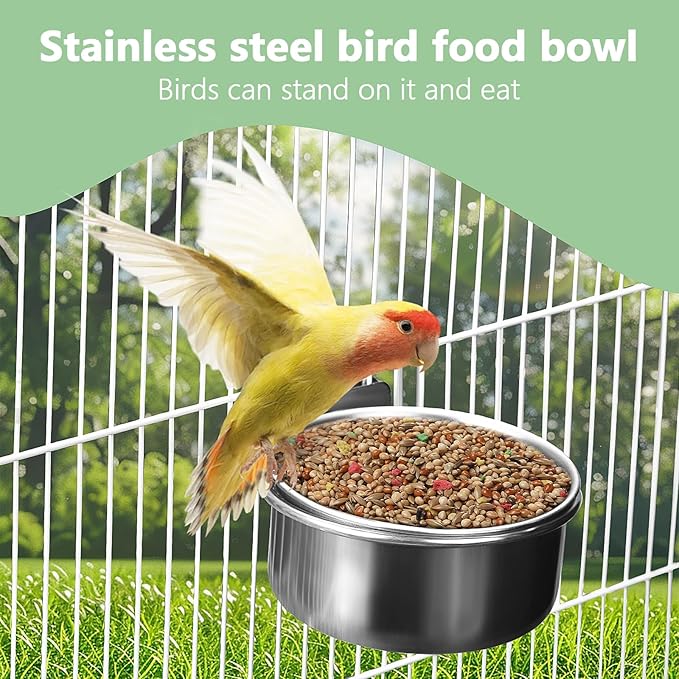 BCHARYA 2 Pack Stainless Steel Bird Food Bowls with Clamp - Rust Proof Metal Feeding Cups for Parrot Cage, Easy Clean Water Dish for Cockatiel Conure Budgie Parakeet Small Animal (3.9 Inch, Silver)