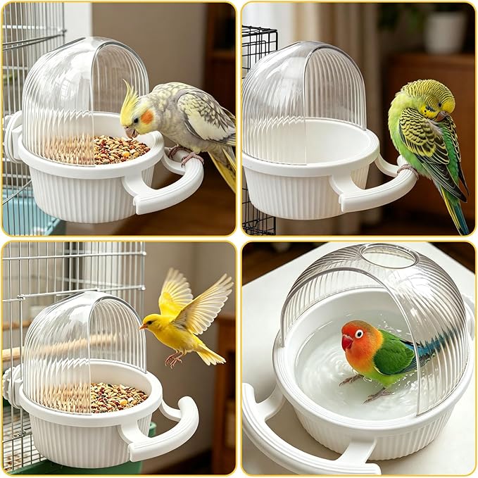 Litewoo No Mess Bird Feeder for Cage Parrot Feeder with Dispenser Multifunctional Bird Seed Food Water Bowl for Parrot Lovebird Budgie Finch Parakeet Conure Cockatiel (White)