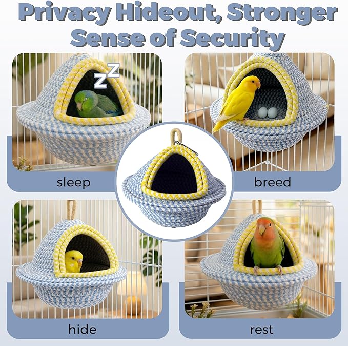 Natural Hand-Woven Cotton Bird Nest for Cage, Dual-Mount Sturdy Cozy Parrot Nest Bed & Breeding House, Hanging Bird Hut for Budgie, Lovebird, Small Bird Sleeping Bed Hideout & Shelter with Hooks