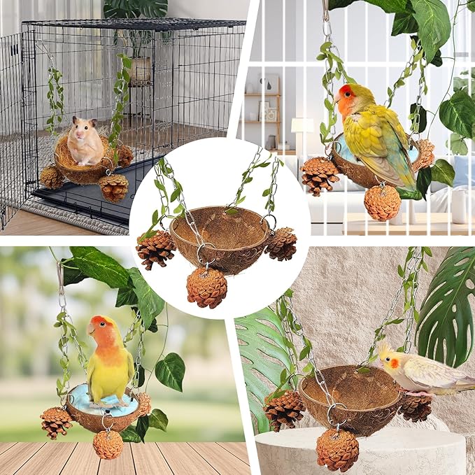 PINVNBY Natural Coconut Shell Bird Nest for Cage Coconut Fiber with Warm Pad Coconut Hide Bird Swing Toys for Bird Conure, Budgie, Cockatiel, Lovebird, Sugar Glider, Canary, Hamster