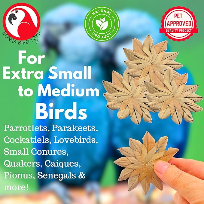 Bonka Bird Toys 1271 Pack of 3 Woven Palm Leaf Flowers 3" Natural Chew Shred Foot Toy for Extra Small to Medium Birds Parakeets Cockatiels Conures Senegals Amazons