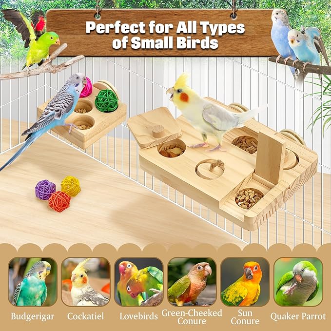 BNOSDM Wooden Bird Foraging Puzzle Toys for Parakeets, Interactive Parrot Enrichment Toys for Training & Chewing, Slow Feeder Cage Accessories for Cockatiels, Conures, Lovebirds and Other Small Birds