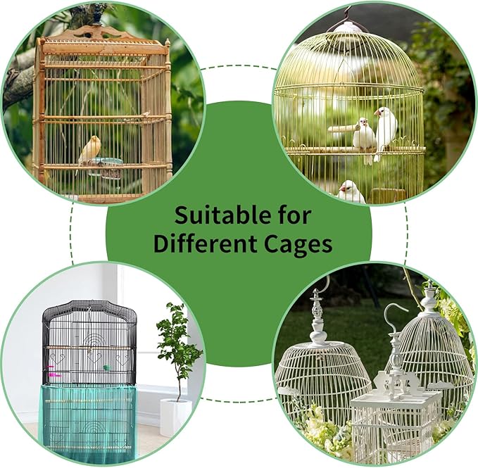 Daoeny 2Pcs Universal Bird Cage Cover, Adjustable Seed Feather Catcher, Soft Airy Nylon Mesh Parrot Net, Birdcage Cover Skirt Sheer Guard for Round Square Cages (Green+ Blue)