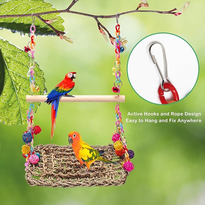 Bird Swing Mat with Wood Perch, AHIER Seagrass Bird Hammock for Conures with Chewing Toy for Parakeets, Budgie, Cockatiel Cage Accessories