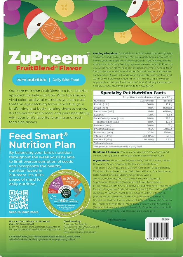 ZuPreem FruitBlend Bird Pellets, Daily Bird Food for Cockatiel, Lovebird, Quaker, Small Conure, Lorikeet, Core Nutrition for Medium Birds, Cockatiel Pellets, Conure Bird Food (M, 10 lbs)