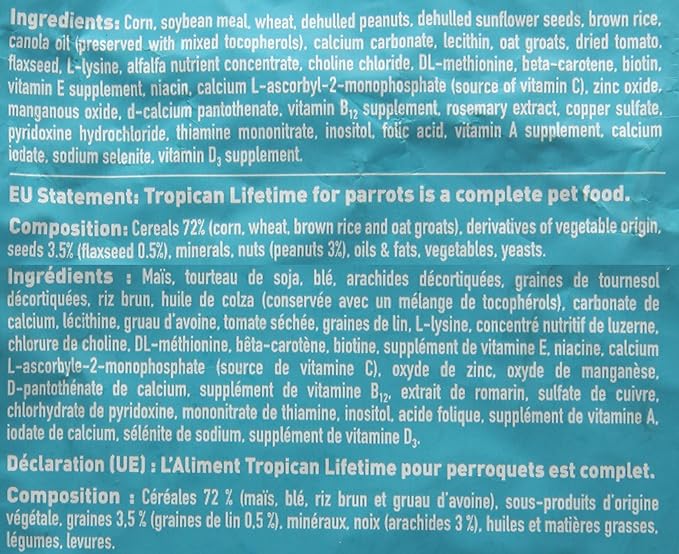 Hagen Tropican Lifetime Formula Parrot Food, 4 lb. - Hari Parrot Food with Peanuts & Sunflower Seeds and Balance Nutrition Levels