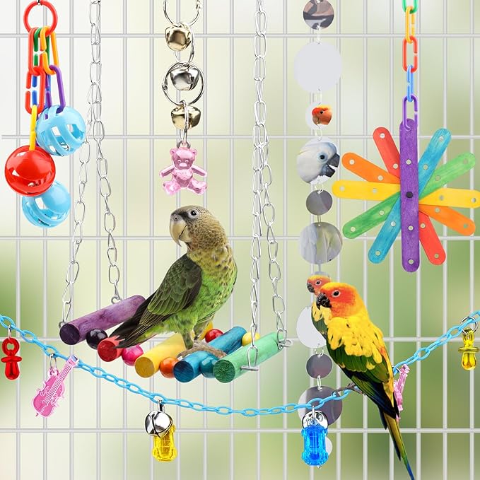 QUOZUO 9 Pcs Parakeet Cockatiel Bird Toys, Parrots Cage Accessories Swing Rope Hanging Wooden Perch Chewing Toy for Budgerigar, Parrot, Cockatiel