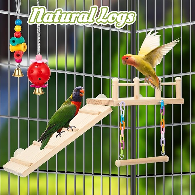 12 Pcs Parakeet Cockatiel Bird Toys, Parrot Swing Chewing Hanging Toys, Colorful Style Parrots Cage Accessories, Interactive Chew & Climb Play Set (Basic Style)