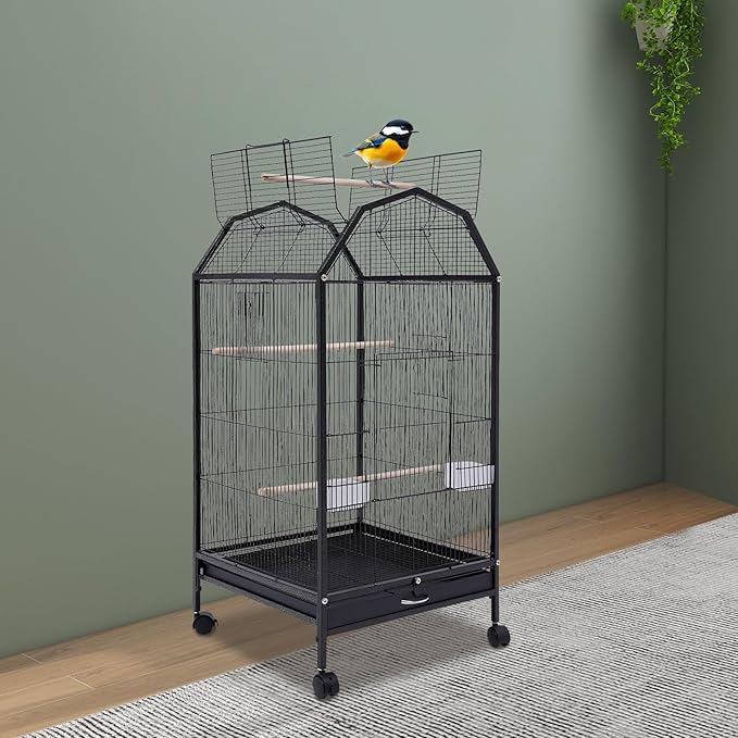 Extra Large Bird Cage 54Inch Wrought Iron Bird Cage with Rolling Stand Metal Parrot Cage with Open Play Top Perch Stand for Conures Lovebirds Cockatiels Finches (Black 3)