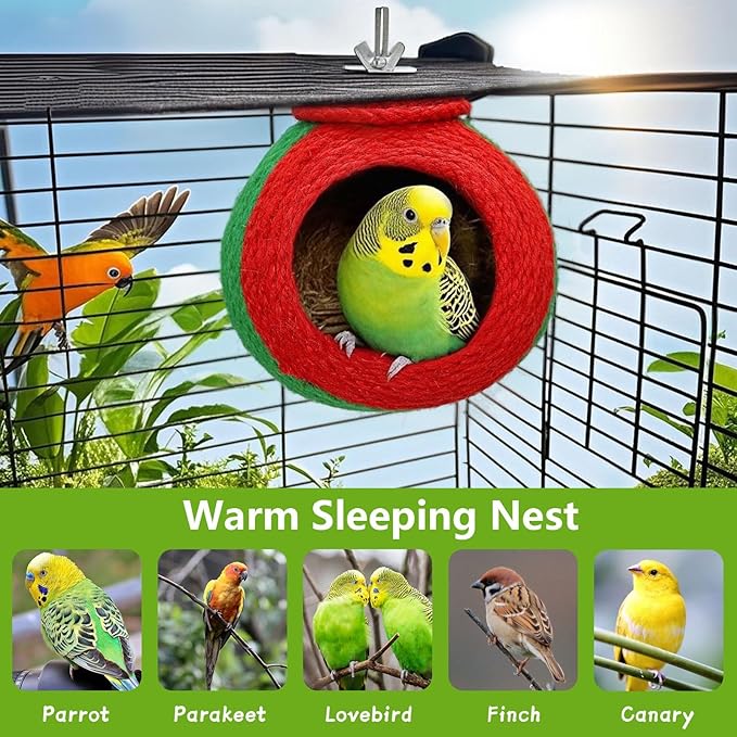 Bird Nest,Parrot Breeding House,Parakeet Natural Coconut Shell Hut,Hanging Budgie Nesting House with Coconut Fiber,Cockatiel Bed for Conure Lovebird Finch Birds