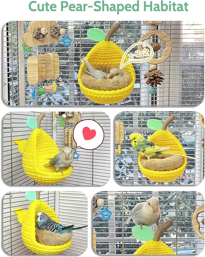 Eco-Friendly Bird Bed for Cage with Cotton Pad, Parakeet Nest with Quick-Release Buckle for Easy Clen, Cute Pear-Shaped Bird Hammock with Airy View for Small-Sized Birds Like Lovebird Canary Budgie