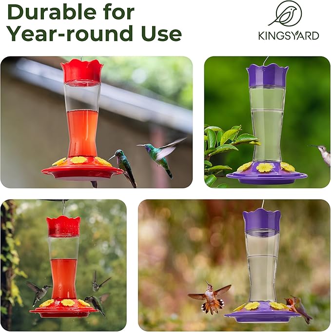 Kingsyard Glass Hummingbird Feeder for Outdoors Hanging, 14 oz Leak-Proof Humming Bird Feeders with Ant Moat & Bee Proof Feeding Ports, Hummingbird Gift for Bird Lovers (Updated Purple)