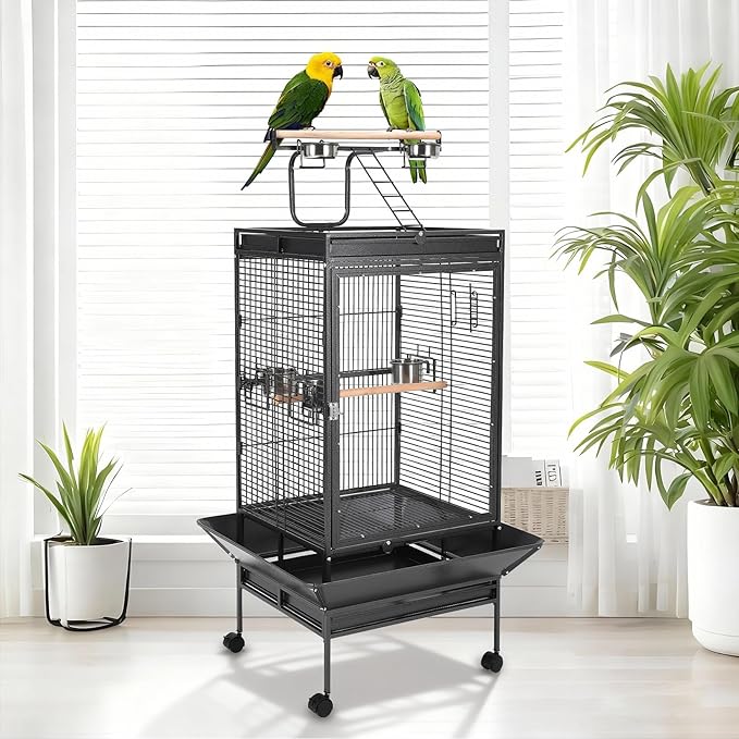 64.4" Tall Large Bird Cage, Metal Parrot Cage with Play Top, Rolling Stand & Bowls - Bird Aviary for Parrots, Conures, Cockatiels, Parakeets, Indoor Outdoor Aviary for Outside Porch Yard Garden