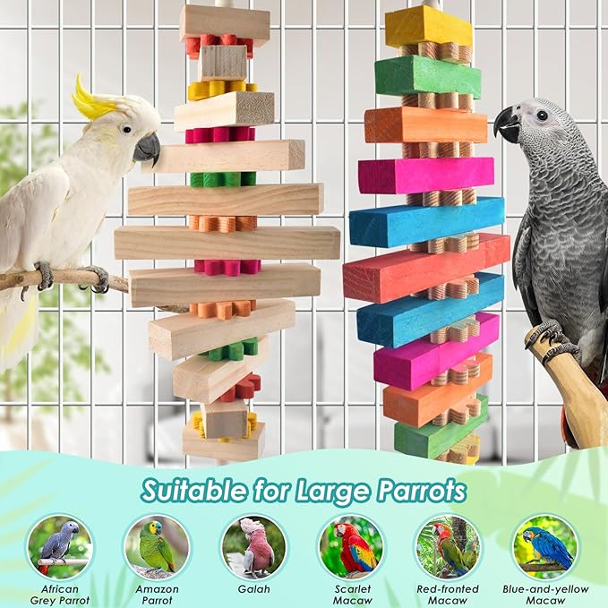 DBNESS 16.54in Extra Large Bird Toys for Parrot, 2 Pcs Colorful Natural Wood Block Chew Tearing Toy with Bell for Macaws, African Greys, Amazon Parrots, Eclectus, Cockatoo