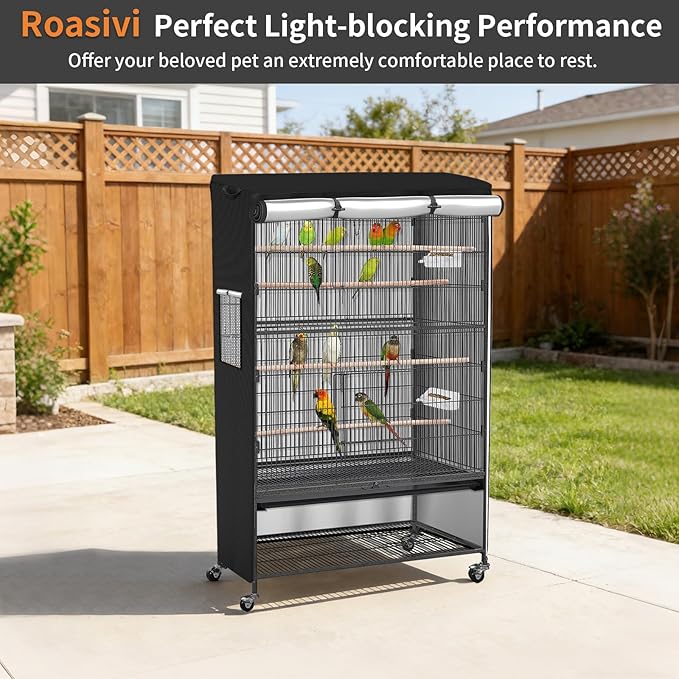 Roasivi Universal Large Bird Cage Cover Bird Cage Covers for Night Light-Blocking & Breathable Fit for Parrots and Other Small Animals Waterproof Durable Oxford Fabric 26" L x 19" W x 40" H Black