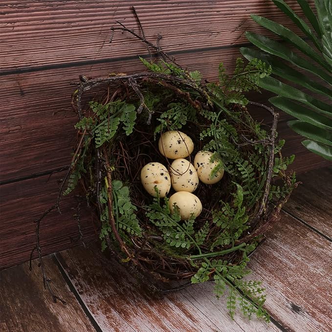 YARNOW Artificial Fake Birds nest Bird Nest with 5 Eggs Rattan Bird Nest Decoration Small Fake Birds Nest Ornament for Home Easter Artificial Bird nest Decor Bird nest Decoration