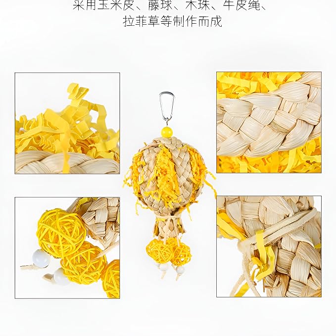 Bird Toys Foraging Shredder Hanging Toys Rope Perch with Bell Parakeet Toy Parrot Swing Climbing Standing Toys Bird Cage Accessories for Conure Cockatiel Budgies Lovebird, Yellow, 1pack