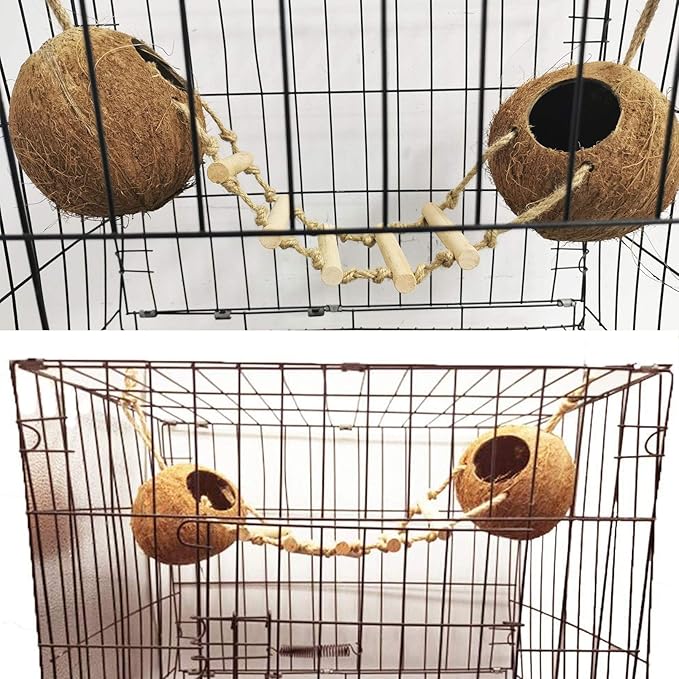 kathson 5PCS Bird Hides Coconut Nest with Ladder Perches Hanging Parrot House Cage Natural Coconut Fiber Parakeet Chewing Toys Intelligence Training Rings for Small Budgies Cockatiels