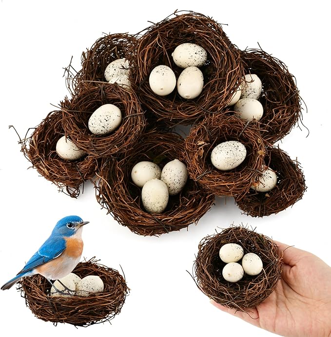 Bird Nest Decor for Crafts, 24-Piece Set with 8 Rattan Nests (2.36/3.15 in Dia) and 16 Faux Eggs (About 1.18 in L), Brown Tan for Wreaths Centerpieces Shelves