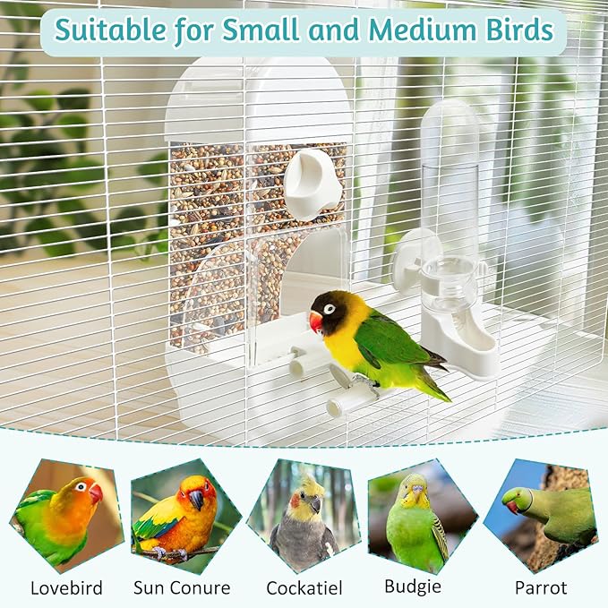 Tfwadmx No Mess Automatic Bird Feeder for Cage Transparent Food Container Parrot Water Dispenser Cage Accessories for Cockatiels, Finches, Budgies Canaries (White)