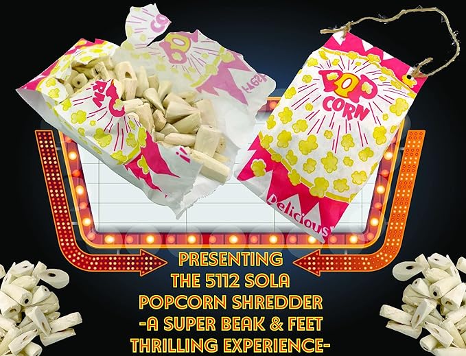 5112 Sola Popcorn Shredder - Handmade Super shreddable Bird Toy, Food Grade Popcorn Bag, Handcut sola Wood Pieces, Natural Jute Twine Hanger, Delightfully Fun for Birds to Shred and chew