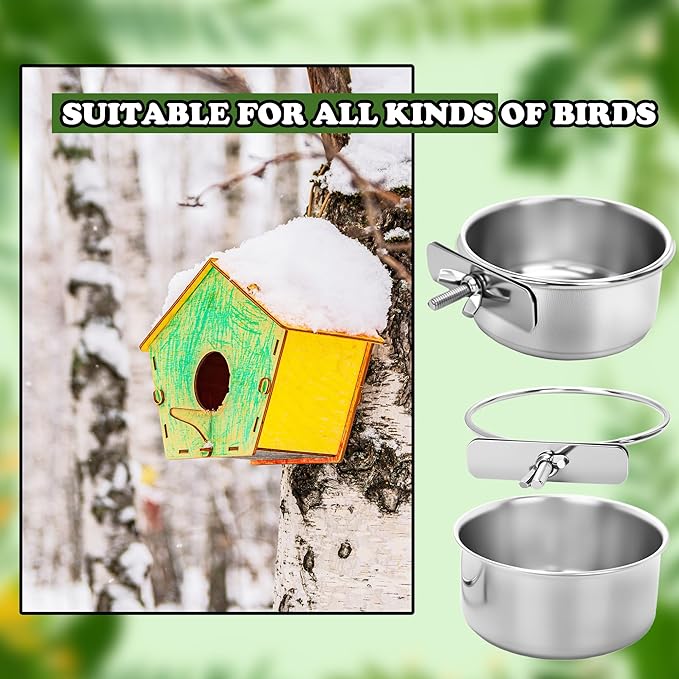 10 Pcs Bird Food Bowls Stainless Steel Parrot Cage Water Bowl Cups with Clamp Holder Parrot Feeding Dish Coop Cups Parakeet Cockatiel Conure Lovebird Budgies Chinchilla Small Pet Animal