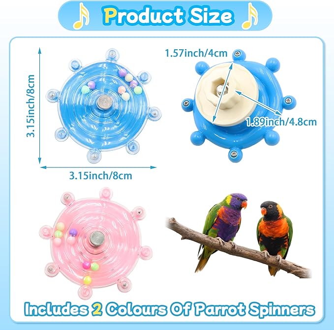 2 Colors Bird Toys for Parrots, Small Bird Cage Toys with Spinning Rattle, Hanging Roller Parakeet Cage Accessories for Chewing Exercise, Budgie Entertainment (Pink and Blue)