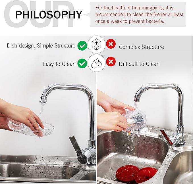 eWonLife Clear Ruby Hummingbird Feeders for Outdoors, 2 Pack 16OZ Leak Proof Saucer Humming Bird Feeder with Integrated Ant Moat, Bee Proof 5 Feeding Ports, Brush, Hanging Garden Decor for Mom