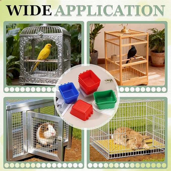 Cage Cups, 4.9x3.7x2.4 Inch Parakeet Feeder Bird Cage Accessories Hanging Food Water Dispenser, (Green, 6 Pcs), Intended for Pet/Pigeon/Parrot/Chicken