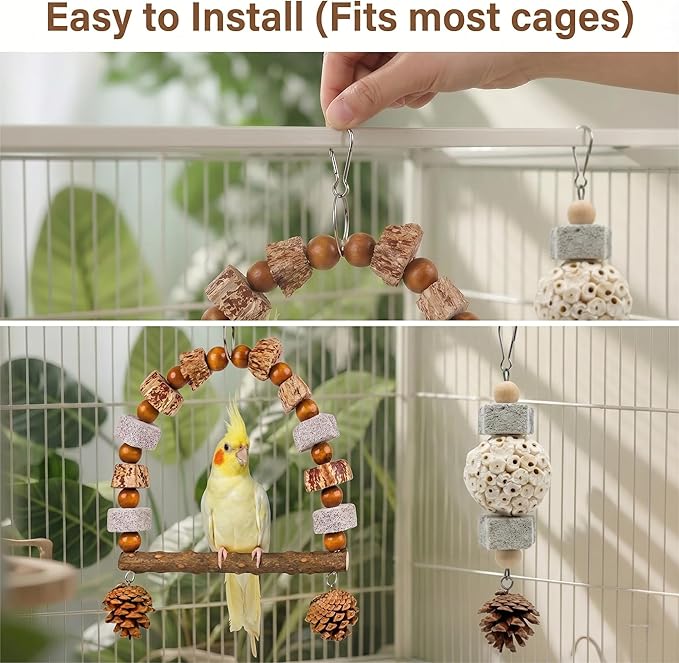 2 Pack Natural Bird Toys Set - Arch Wood Swing & Sola Ball Shreddable Toy - Foraging Hanging Perch with Pine Cones & Pumice Stone Beak Trimmer, Cage Accessories for Cockatiel, Conure, Parakeets