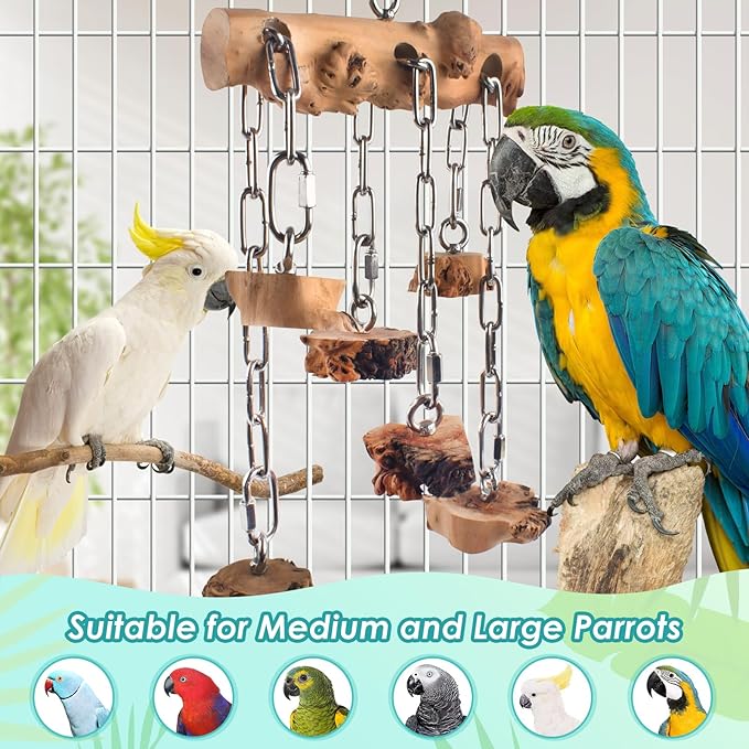 DBNESS Bird Toys for Parrots, Durable Wooden Hardwood Blocks with Stainless Steel Hanging Natural Chew Toy for Macaws African Greys Amazon Cockatoos Medium Large Parrot Similar Sized Pet Parrot