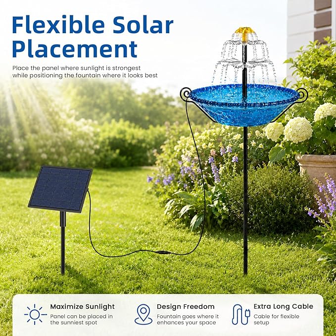 Bird Bath for Outside with Solar Fountain, Plastic Bowl on Metal Stake and Ground Stand, Freestanding Garden Accent for Yard and Patio (Blue(L))