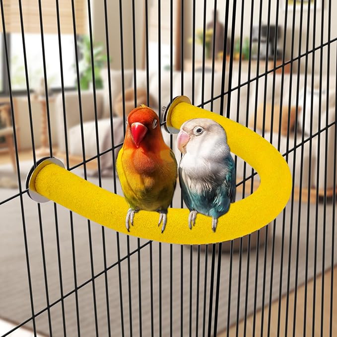 Rypet U Shape Parrot Perch Stand Toy for Paw Grinding Clean Stick Exercise, Rough-Surfaced Quartz Bird Perch Standing Cage Accessories for for Small Parakeets Cockatiels Conures Macaws (Yellow S)