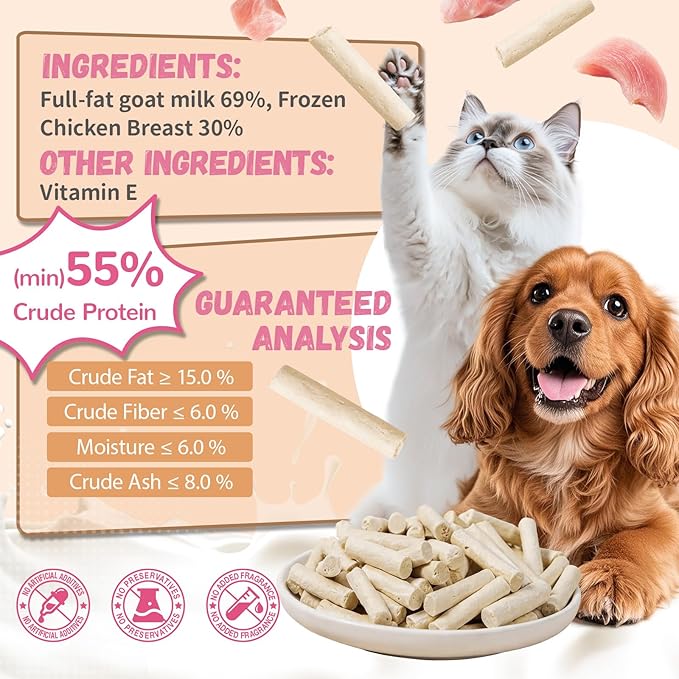 Freeze Dried Goat Milk & Chicken Dog Treats, 70% Goat Milk Yogurt Sticks for Dogs & Cats, High Protein Grain-Free Snack & Food Topper for Sensitive Stomachs, Immune Support with Vitamin E 2.8oz