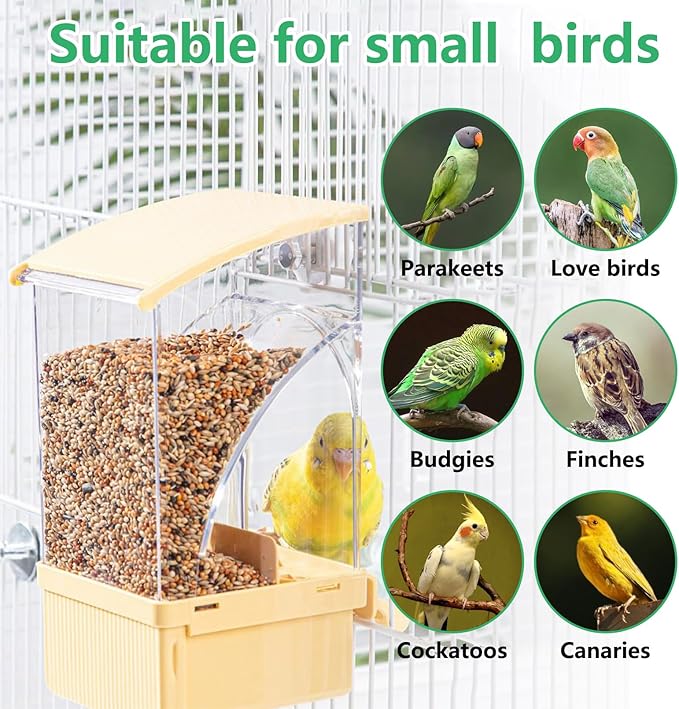 Hamiledyi Automatic Bird Feeder No Mess Bird Cage Feeder Transparent Acrylic Parrot Seed Food Container with Perch Cage Accessories for Parakeet Finch Lovebirds Budgies Canary (Yellow)