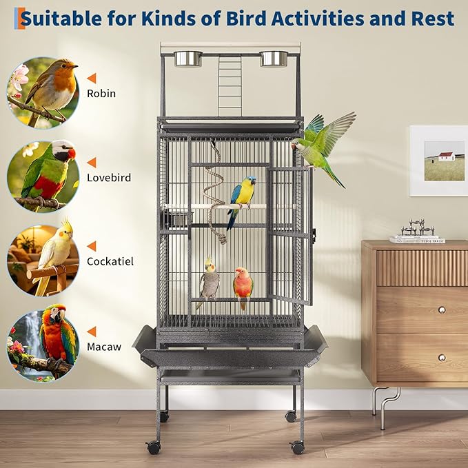 67-Inch Playtop Wrought Iron Large Parrot Bird Cages with Rolling Stand for Cockatiels Parrot Quaker Conure Parakeet Lovebird Canary Small Medium Parrot Cage Birdcage, Black