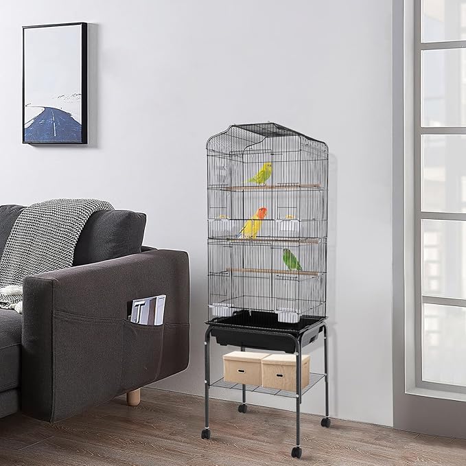 Large Bird Cage with Rolling Stand, Parrot Cage for Parakeets Cockatiels Conures, Heavy Duty Metal Birdcage with Wheels, Removable Tray & Storage Shelf for Indoor Use (Black)